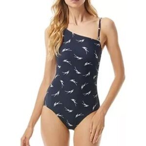 Michael Kors NAVY Signature Feather One Shoulder One-Piece Swimsuit
